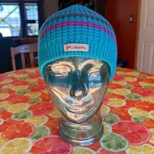 Columbia Teal Purple Striped Waffle Knit Beanie Winter Hat Gorpcore One Size